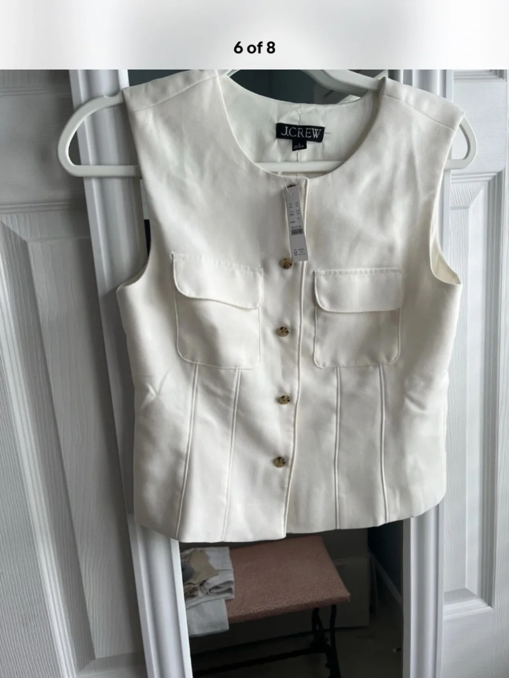 J.CREW Ivory Sleeveless Round Neck Button Front Satin Viscose Blouse Size 2
